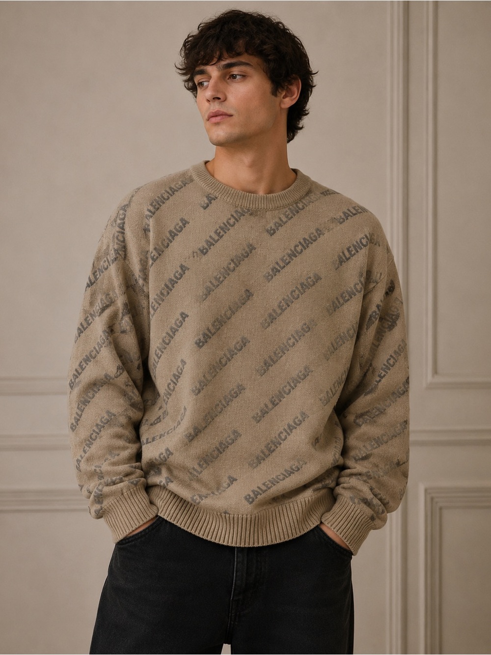 Balenciaga Cashmere Unisex Reflective Knit Sweater All Over Logo in Light Beige